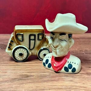 Vintage Palmar Japan Cowboy with Stagecoach Salt & Pepper Shaker. Collectible!